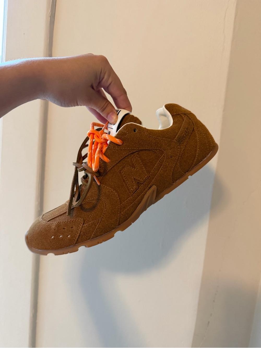 Miu Miu Kids Brown Suede Sneakers with Orange Laces